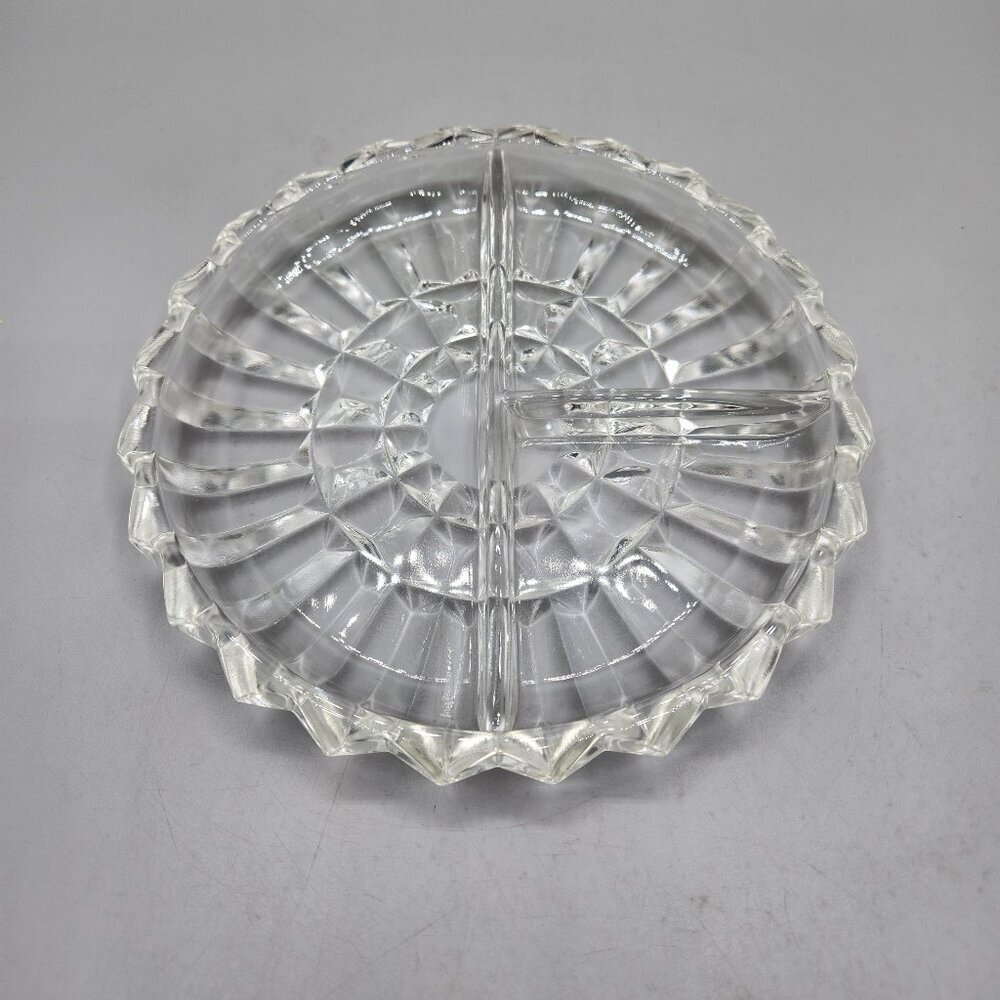 Vintage Indiana Glass Lotus Blossom Divided Relish Dish 7" Round Clear Serving